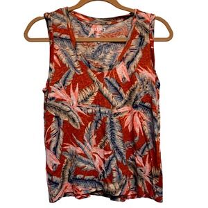 LOFT Linen Tank Top Womens Medium Orange Tropical Bird of Paradise Palm Leaf